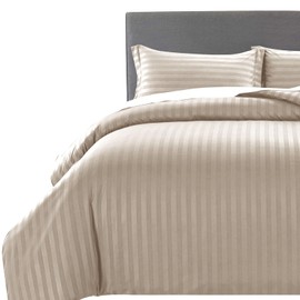 MOONLIGHT20015 Single Duvet Cover Set Reversible Stripes Satin Bedding Set with Pillowcase Soft Hypoallergenic Duvet Covers (Beige 135x200 CM)