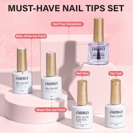 AILLSA Extra Short Coffin Gel Nail Kit 240pcs Full Nail Tips with 2 In 1 Nail Glue Base Top Coat Nail Dehydrator U v Led Lamp, Gel Extension Nail Kit for Beginners Home Salon