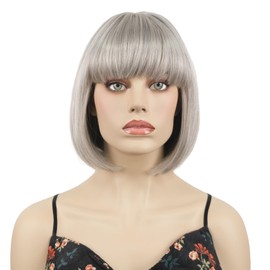 Aimole Short Straight Bob Wig Cute Flat Bangs Synthetic Women Wigs (#51 Silver Grey)
