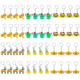 CiciBear Paquete de 48 recuerdos de devolución de fiesta mexicana con piñata, sombrero, cactus, taco, guitarra y maraca llaveros para fiesta mexicana, fiesta de cumpleaños mexicana, fiesta de