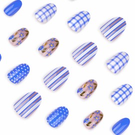 BABALAL Short Oval Press on Nails Blue Fake Nails Flower Glue on Nails Cute Acrylic Nails Grid Design False Nails 24Pcs Full Cover Round Manicure Stick on Nails for Women Girls Polka Dot nails