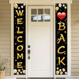 Koliphy Welcome Back Decoration, Welcome Back Banner, Welcome Back Banner for Family Celebrations, Classroom, School, Season, Family Party, Door Decoration, Black Gold, 70.8 x 11.8 Inches
