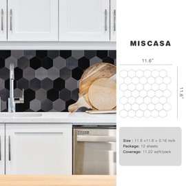 Miscasa Hexagon Peel & Stick Backsplash | Black Self-Adhesive Kitchen & Bathroom Wall Tiles | 12 Tiles