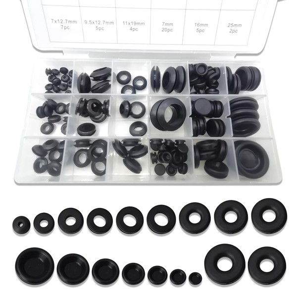 ZBGUN Pack-125 Rubber Grommets, O Shaped Rings, Single Side Protection Coil, Hollow Rubber Rings, Seal Replacements with Plastic Box, Automotive Wiring Seal, Universal for Most Cars, Trucks (Black)