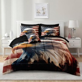 Dreamwaka Eagle King Bed in a Bag American Flag Comforter Set Wildlife Home Decor Down Comforter Black Sheet Set 8 Pcs Soft Microfiber with 1 Cushion Cover
