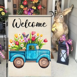 BlissYard Hello Spring Welcome Garden Flag 12 x 18 Inch Double Sided Spring Flowers Truck Yard Flag Seasonal Outdoor Decor Home Party Porch Yard Farmhouse Outdoor Decor Flags