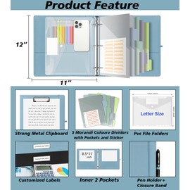 2 Inch 3 Ring Leather Binder Organizer, BVSSX Three Ring Binders with Clipboard, Plastic Folder, 5-Tabs Pocket Dividers with Sticker Labels, Pen Loop, Elastic Strap (Blue, Letter Size)