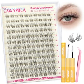 Yawamica Lash Clusters Kit Natural Lash Extension Kit 8-16mm Wispy Eyelash Clusters Clear Band D Curly Cluster Eyelash Extensions Waterproof Individual Lashes DIY Lash Kit with Bond and Seal Tweezers