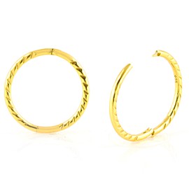 24K Gold Plated On 925 Sterling Silver Solid Seamless Diamond Cut Twist Sleeper Hoop Earrings Small Hinged Thin Handmade 8mm 10mm 12mm 14mm For Women Men Girls (8mm)
