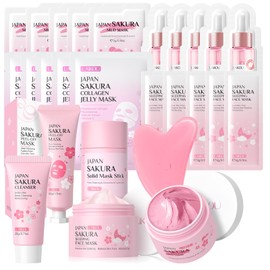 Japan Sakura Skincare Set, Face Masks Collection with Sleeping Mask, Mud Mask, Peel-off Mask, Cleanser, Solid Mask Stick, Collagen Jelly Mask, Face Serum