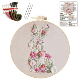 YOUDRN Bunny in Bloom Easter Embroidery Kit for Beginners, Embroidery Kits for Adults,DIY Hand Bunny Embroidery Easter Cross Stitch Starter Set with Pattern,Threads,Needles,Instruction,20cm Hoop