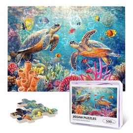 Sea Turtle Puzzles for Adults 500 Pieces Ocean Beach Turtle Jigsaw Puzzle Seascape Animal Art Wooden Puzzle for Challenging Family Activity Games