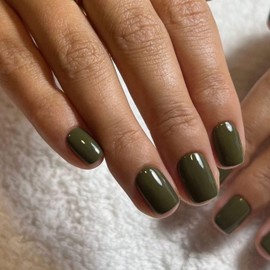 Olive Green Press on Nails Short Square, Short Fake Nails Glue on Short Square Nails Press ons, Soft Gel Glue on Nails Short Stick on Nails for Women Thick Reusable Solid Color Acrylic Nails 24pcs