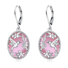Hummingbird Earrings Sterling Silver Pink Opal Hummingbird Dangle Leverback Earrings Flower Oval Drop Earrings Jewelry Gifts for Women