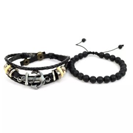 Parquet Genuine Leather Anchor Charm & Natural Stone Two Piece Bracelet Set