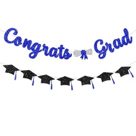FHGG Congrats Grad Congratulations Decorations Banner Pre-Strung Glitter Blue Graduation Class of 2026 with Tassel Decor College High School Party Favors NO DIY