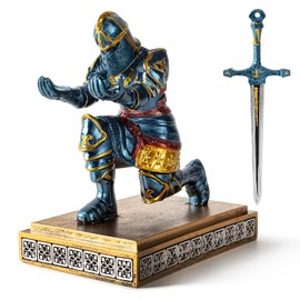 MACLARONX Kneeling Knight Pen Holder with Sword Medieval Warrior Pencil Stand for Office Desk Home Decor Fancy for Men Dad Husband Armor Soldier Statue