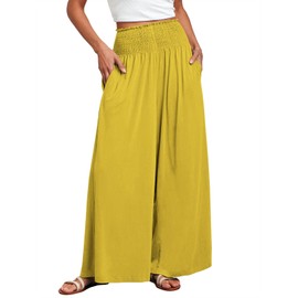 ANRABESS Women Palazzo Pants Summer Boho Bagyy Wide Leg High Smocked Waist Casual Loose Lounge Pant with Pocket Yellow XX-Large