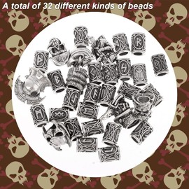 PIAOPIAONIU 32 PCS Viking Skull Head Beard Beads Hair Beard Beads for Man/Woman,Braiding Beads Beard Viking Rune Beads for Hair Decoration,DIY Viking Bracelets Pendant Necklace