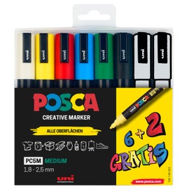 Faber-Castell 186826 Uni-Ball Posca Marker Set, Case of 8 Acrylic Pens PC-5M, 1.8–2.5 mm, 6 Standard Colours + 2 Changing Special Colours