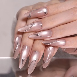 HOSAILY Nude Moonlight Cat Eye Press on Nails Long Stiletto, 30pcs 15 Sizes Soft Gel Handmade Mirror Silver Lines Full Cover Stick on Nails Almond, 3D Glossy Reusable Fit Seamlessly Salon Manicure