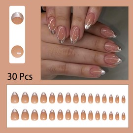 24pcs French Tip Press on Nails Short Almond Fake Nails Full Cover Glossy False Nails Glue on Nails Silver French Tip Artificial Nails for Women Girl