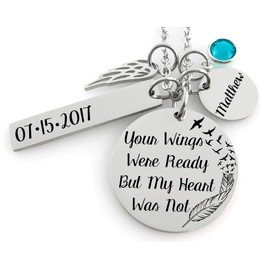 Memorial Jewelry Necklace - Your wings were ready but my heart was not- Name Disc, Angel Wing & Birthstone Crystal