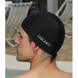 Mens Swim Cap Adult Nylon Fabric Soft Short Hair Solid Color Swimming Hat Comfprtable Breathable High Elasticity (Black)