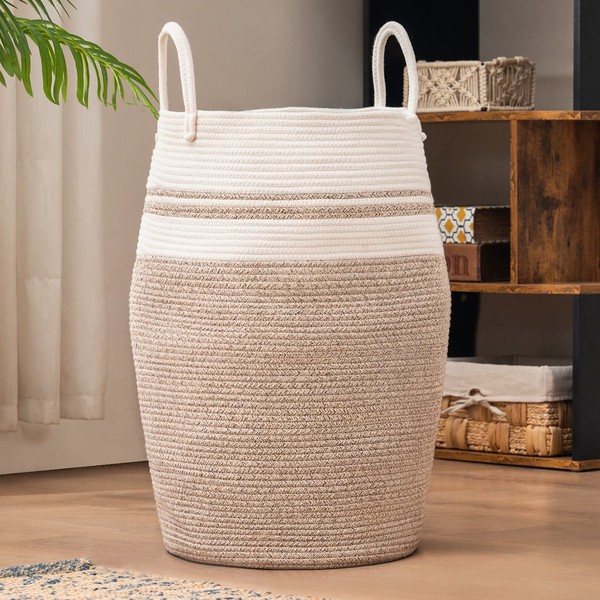 YOUDENOVA Woven Laundry Hamper Basket, 65L Extra Large Laundry Storage Basket with Heavy Duty Cotton Rope Handles for Clothes and Toys in Bedroom, Nursery Room, Brown