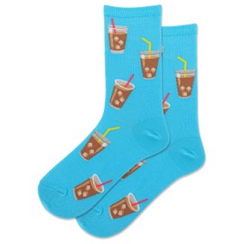 Hot Sox Women's Fun Food & Drink Crew Socks-1 Pair Pack-Cool & Cute Pop Culture Novelty Gifts, Iced Coffee (Light Turquoise), 4-10