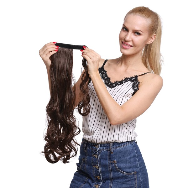 24" Long Curly Wrap around Ponytail Extensions Synthetic Clip in