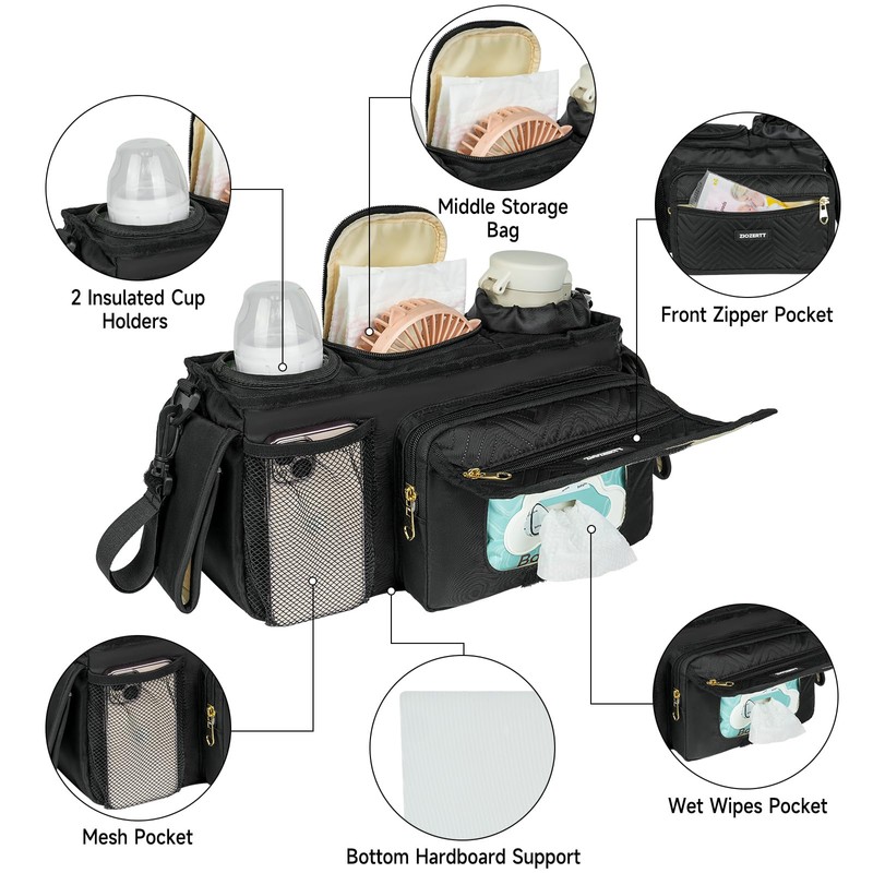 ZIOZERTT Universal Stroller Organizer with Insulated Cup Holder,Stroller Caddy Bag