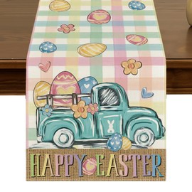 Happy Easter Carrot Egg Truck Daisy Table Runner 13x72 Inch Pink Yellow Buffalo Plaid Spring Kitchen Dining Table Decor for Indoor Outdoor Farmhouse Home Party Decoration ZQ105