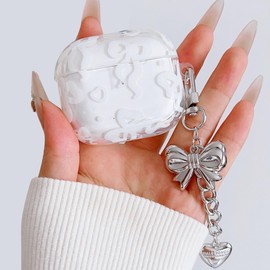 HSMYDBCYC Case Compatiable for AirPod Pro 2nd/1st Generation,Cute Pattern Soft TPU Clear Protective Cover Case with Keychain and Carabiner for Girls Women for AirPods Pro 2/Pro Case (White Bow)