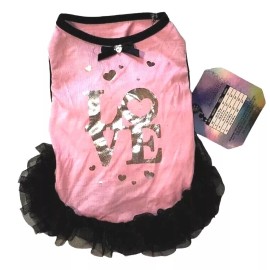 Coco Lane Couture  Pink, Silver "LOVE" Hearts,Black Tutu, Puppy/Dog Dress, XS