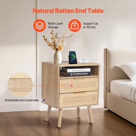 Happybuy Rattan Nightstand - Boho Bedside Table with Open Shelf and 2 Drawers, Solid Wood Legs, Charging Station for Bedroom, Study and Living Room