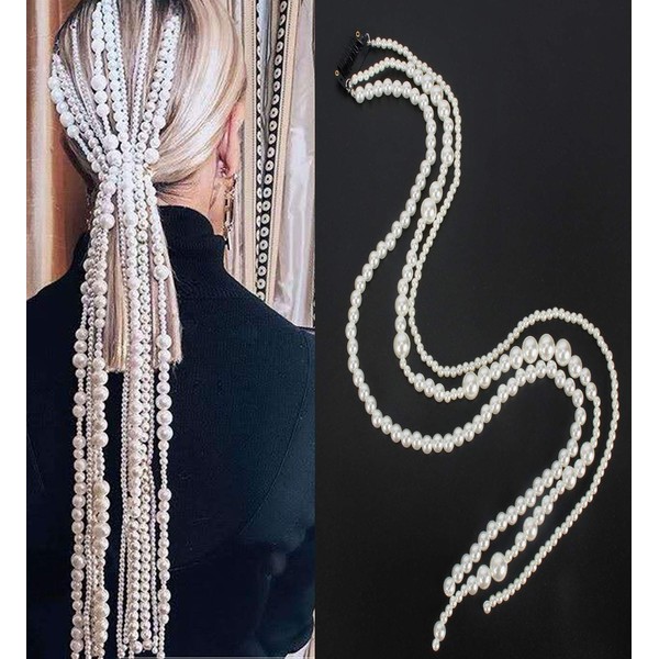 21.6 inch Women Lady White Imitation Pearl Clip Hair Extensions with Clip Comb DIY Accessories Hairpin Headdress Tassel Hair Barrettes Decorative Bridal (White-B#)