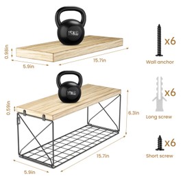 Hoiicco Bathroom Shelves with Wire Storage Basket, Floating Shelves for Wall Decor Storage, Wood Wall Shelves for Bathroom, Living Room, Kitchen and Bedroom