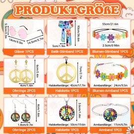 Jokureao 12 pieces 60s 70s hippie costume set for women, flower power clothing with poncho and accessories, hippie fancy dress costume, 70s costume women for fancy dress carnival fashion party