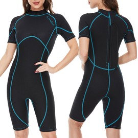 OMGear Wetsuit Women Men 3mm Neoprene Dive Wet Suit for Cold Water Short Thermal Swimsuit for Adults Snorkel Suit for Snorkeling Scuba Diving Swimming Surfing(Wathet,XX-Large)