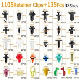 1240Pcs Car Retainer Clips & Fasteners Kit – 32 Universal Sizes Nylon Bumper, Fender Rivets, Door Panel Clips, and Plastic Rivets for Toyota, Ford, Benz, Chevy,with 10 Cable Ties and Removal Tool
