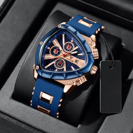 LIGE Matching Sportive Analog Quartz Calendrier Watches for Men As Gifts, Triangle Dial Sporty Wristwatch Silicone Strap Skeleton Watch As Gift Valentine's Day Gifts - Color: Black