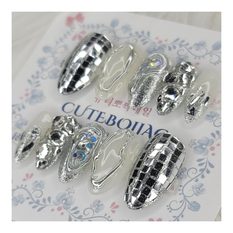 Multi Silver Handmade Nail Tips - Almond M / 멀티