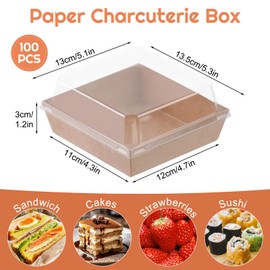 100 Pack Charcuterie Boxes with Clear Lids,5.5"×4.9"×2.4" Disposable Square Food Containers,Dessert Boxes,Paper Bakery Boxes with Cover for Sandwich, Cookies, Sushi, Cake Slice, Strawberries (brown)