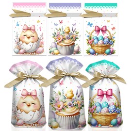 Rikolto 50 PCS Easter Drawstring Gift Bags,Plastic Easter Bags for Goodies, Candy Treat Bag with Ties for Party Favor Supplies Gift Wrapping (3 Styles)
