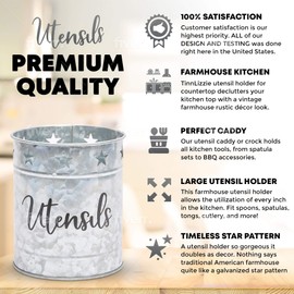 TinnLizzie - Utensil Holder - Farmhouse Utensil Holder - Large Utensil Holder - Utensil Holder for CounterTop - Utensil Crock - Rustic Utensil Holder - Cooking Utensil Holder - Kitchen Utensil Holder
