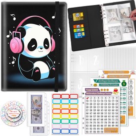 100 Envelopes Money Saving Challenge Binder, A5 Budget Binder with 25 pcs Cash Envelopes, 3 pcs Reusable Laminated Trackers Saving, Money Organizer，Cute Panda