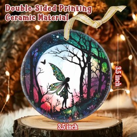 Christmas Ornament - Fairy Decor Round Ceramic - Fairy Hanging Ornament - Christmas Tree Decor - Ornaments for Christmas Tree - Gifts for Fairy Lovers - Fairy Themed Gifts