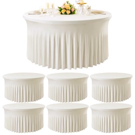 Htper 6 Pack Ivory Spandex Round Tablecloths for 60 inch Table, Wrinkle Free 120inch Stretchy Fitted 5FT Round Table Cloths Cover with Skirt for Wedding Party Dining Banquet