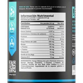 Nootropico Clarity Complex de 180 cápsulas. Ingredientes naturales: Hongo Melena de León, Bacopa, L-Tirosina, L-Teanina, Vitamina B1, Semilla de Uva Roja y Vitamina B12. Clarity Complex B Life.